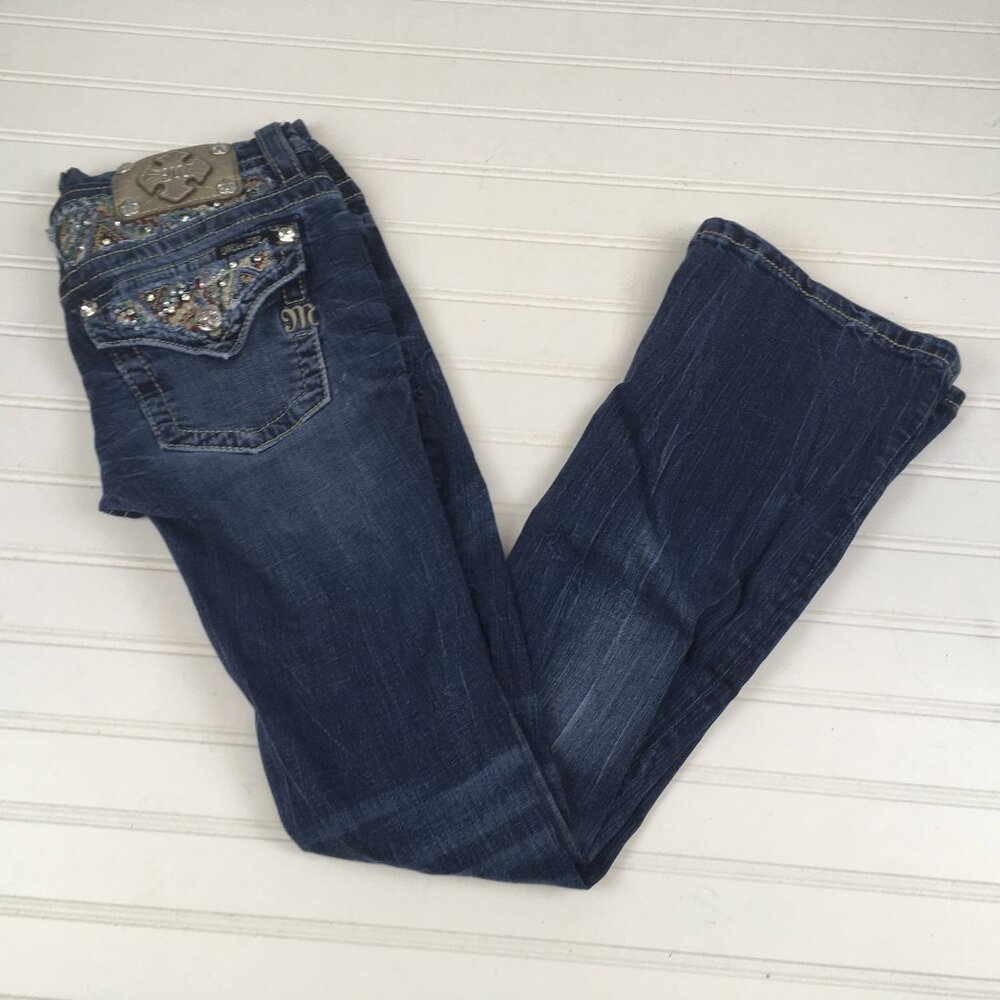Miss Me Signature Bling Flap Pockets Low Rise Bootcut Jeans Womens Size 26